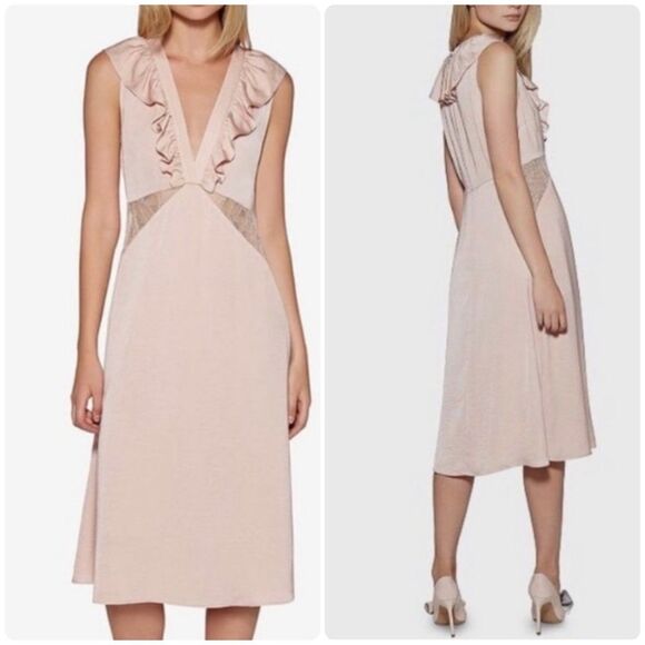 Avec Les Filles Pink Satin Lace Cut Out Ruffle Trim Midi Slip Dress NWT Size S - Picture 1 of 10